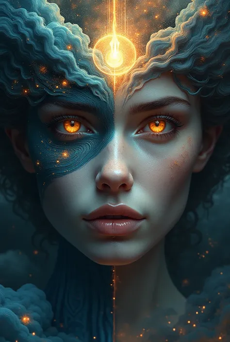 a face half male and the other half female, a masterpiece, 8k resolution, dark fantasy concept art, by Greg Rutkowski, dynamic lighting, hyperdetailed, intricately detailed, Splash screen art, trending on Artstation, deep color, Unreal Engine, volumetric l...