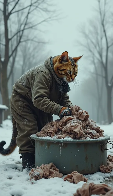 
Poor cat dirty dressed with  hard worked washing lot of clothes with hands in cold weather 