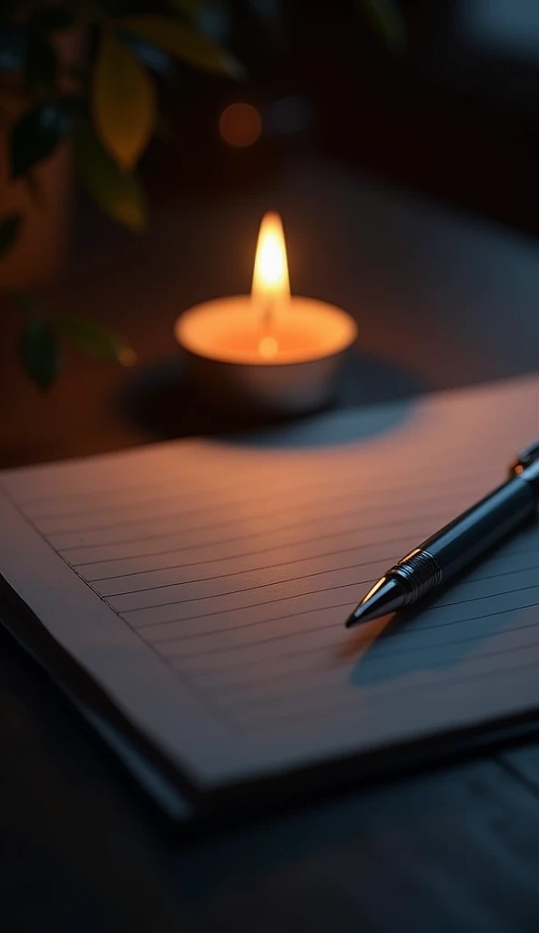 full page of lined blank paper dark page with candle glowing and pen beside it