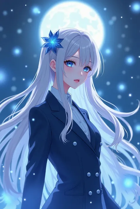  female , anime, white hair, blue eyes,blue  Higanbana hair pins,Long hair straight,snow moon light firefly  blue higanbana background,suit