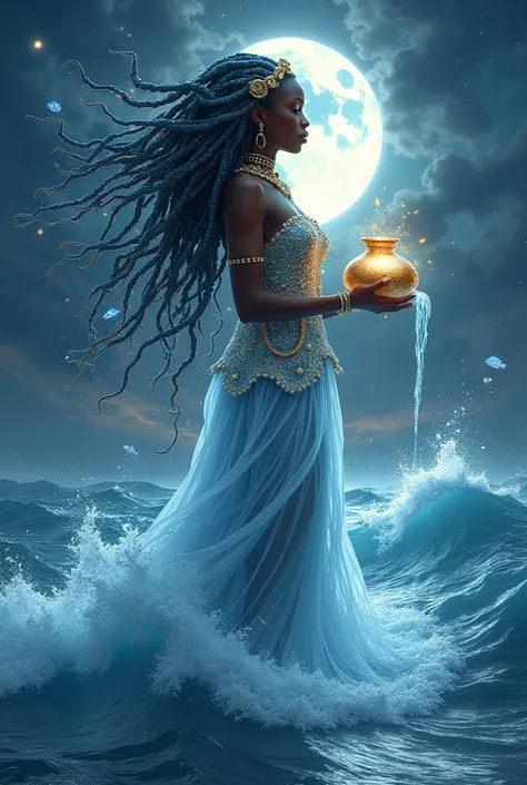  ethereal and mystical representation of Yemayá, the Orisha of the sea, depicted in a magical realism art style. She appears as a majestic African goddess with luminous ebony skin that glows softly under the moonlight. Her flowing hair shimmers in shades o...