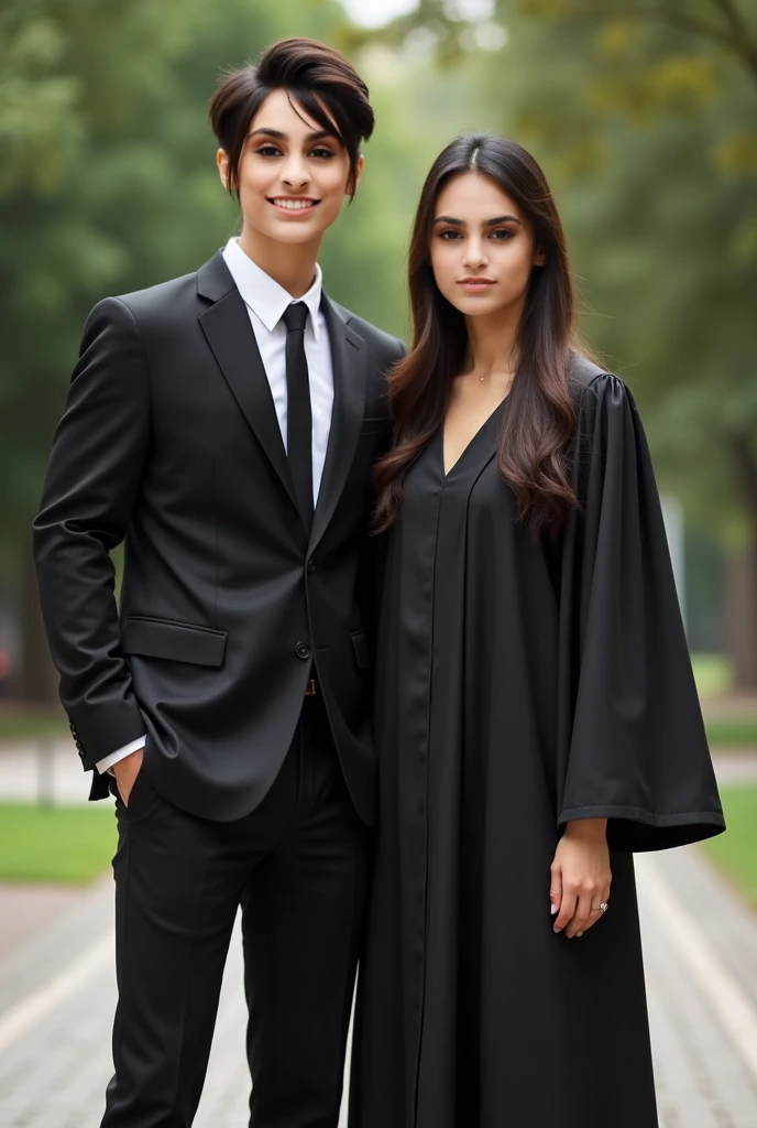 With these two people make an image of her in graduation dress and he is in a black suit realistic photo