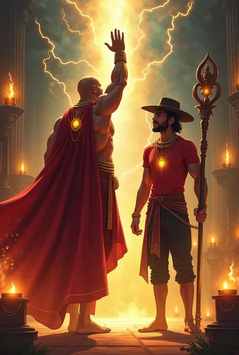  The two Exus are on a vibrant altar ,  surrounded by burning candles that cast dancing shadows on walls .  The muscular and bald man ,  with its flowing red cape ,  raises a hand toward the sky ,  invoking spiritual forces .  His gold necklace shines brig...