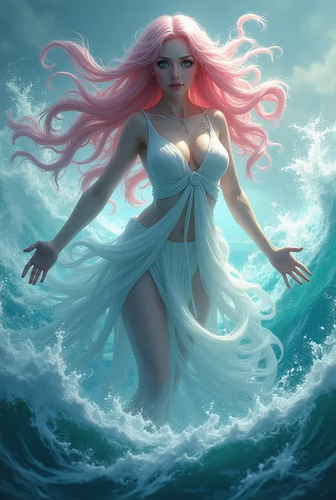  Draw a picture of a woman with long pink hair and green eyes who has the power of water very strong, Very high, very large and very large .  Can control the entire contents of the ocean .