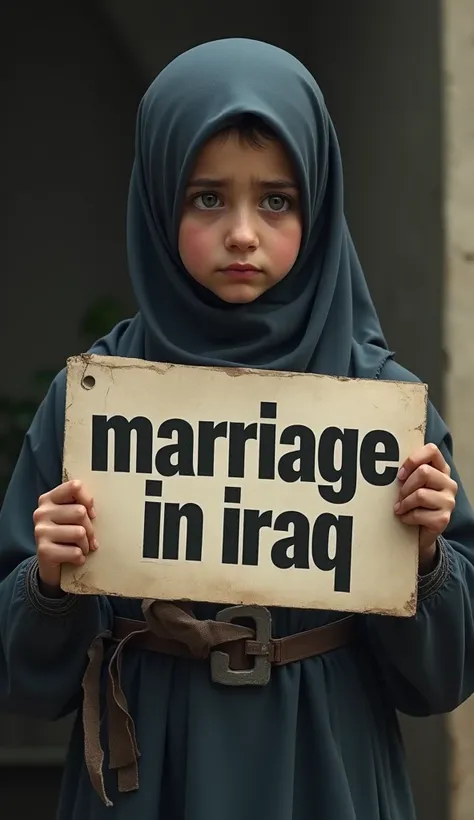 An AI generated Image of muslims girl in proper visible face in sad way,  while holding a sign board with " Marriage in Iraq" in bold letters 