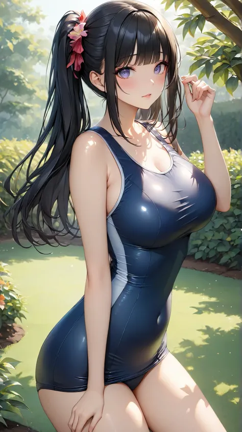 (masterpiece,best quality,ultra detailed,high resolution),(realistic:0.6),cowboy shot,professional lighting,a beautiful woman,tsurime,beautiful eye,fair skin,black-hair,blunt bangs,glamor,school swimsuit,large breast,perky breast,on the garden,