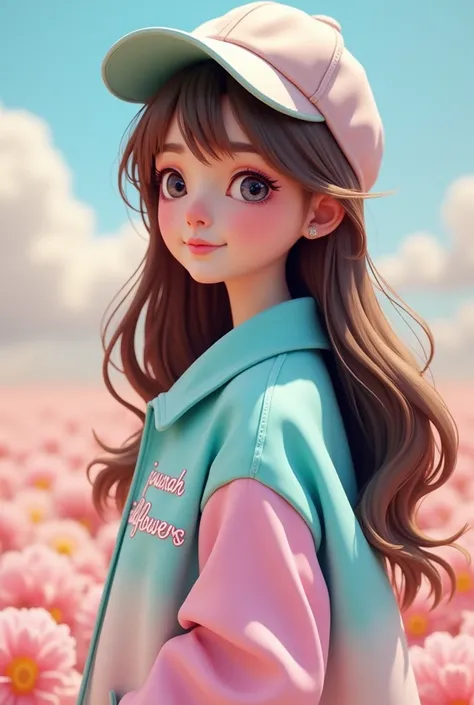 3D A girl with long brown hair and cap wearing a half light blue half pastel pink and cute jacket that says “jowanah wildflowers “