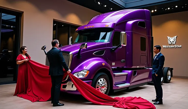 (A 2025 Western Star 4900 Review: in a luxurious showroom. A man and a woman are in the process of unveiling the Truck by pulling off a red cloth that covers it, revealing the Truck sleek design. The Truck itself is a striking Purple, with polished details...