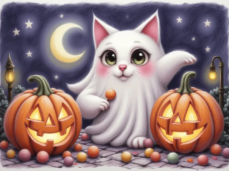 Halloween  tea  trick or treat Halloween Jack-o-lantern 🎃 A playful colored pencil drawing A cute, chewy, white cat-eared ghost that looks like a row of sugar candies. Chewy, transparent, stars The ghosts body is faintly glowing
