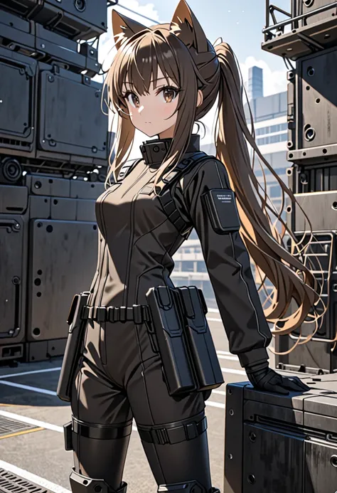 8K Ultra High-Quality, ultra-detailed, High quality, brown long hair, pony tail hair, brown eyes, cat ears, black tactical clothes, solderless suit, skirt, side view, close up, full body, military base