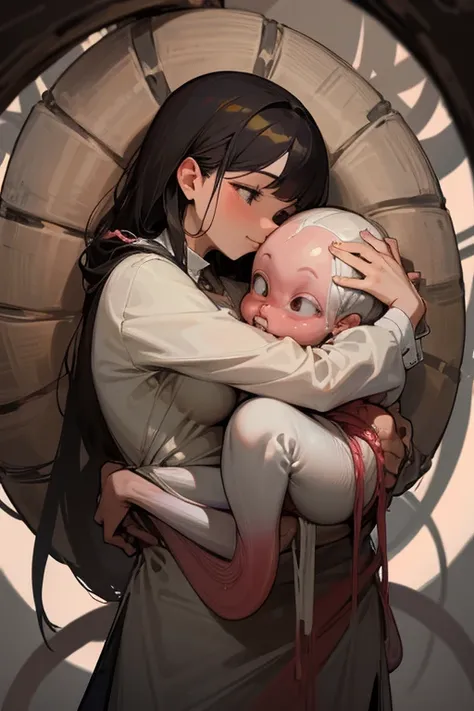 a mother embracing a fetus that is still attached to her by the umbilical cord