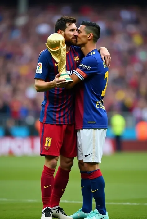 Create two funny images ,Of Lionel Messi in uniform holding the World Cup and Cristiano Ronaldo in uniform next to Messi where they are hugging and people are taking pictures of them in front , this on a soccer field 