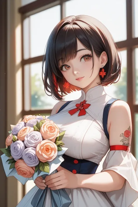  black hair, bangs,  cute,anime,anime,  smiles,  High Definition Model,  brown eyes,,anime風, Frame,Sugar Faced Beauty ,blue earring,Tattoo on right arm(red、 orange 、 pink、Grey Bouquet ) Big Breasts ,  medium hair,  cowboy shot,  bob hair, 