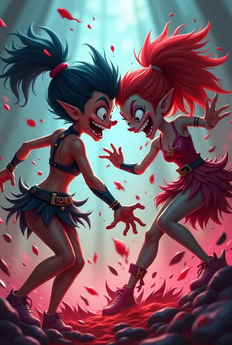 Create a Disneylike image of Jinx from Arcane battling her sister in a very bloody fight