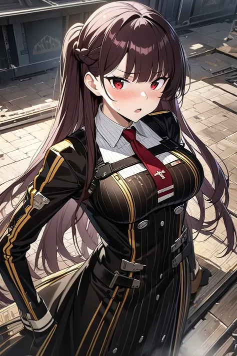 4k,masterpiece, best quality, ultra detailed, high resolution, super fine illustration, extremely detailed CG, intricate, professional quality,wa2000(girls frontline), 1girl, solo, tsundere girl,long hair, purple hair,half updo,red eyes, large breasts, bla...