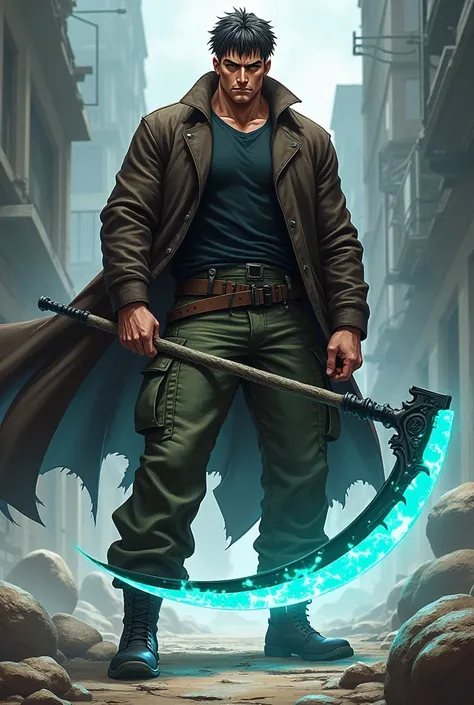 Muscular and sturdy man wearing dark brown jacket ,  black shirt,  cargo pants and military boots with a mystical scythe anime version 