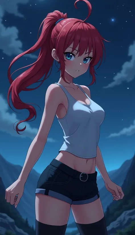   woman, ponytail, long  red hair, strong body, navy blue eyes,  angry expression , white tank, black shorts, black thigh high stockings, on a mountain at night  [[[  high quality ]]][[[ tall details ]]] Ultra HD,   High resolution , anime style, mouth clo...