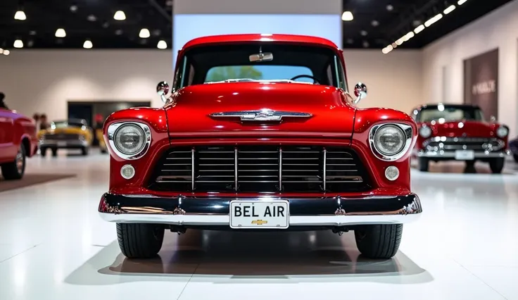 Straight front view of painted Red with shiny clour 2025 (Chevrolet Bel air) sleek in large shape pickup truck in large size with ( Chevrolet) logo on its large detailed grille in shiny white clour with angular sporty design captured from straight front vi...