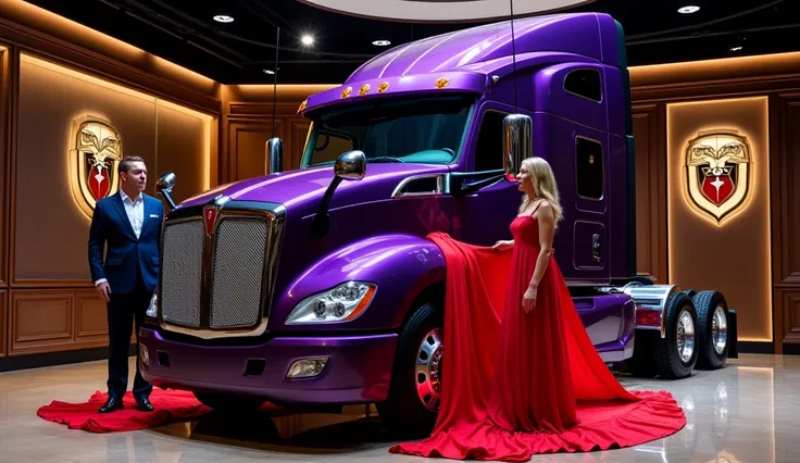 A 2025 Western Star 4900 Review: in a luxurious showroom. A man and a woman are in the process of unveiling the Truck by pulling off a red cloth that covers it, revealing the Truck sleek design. The Truck itself is a striking Purple, with polished details ...