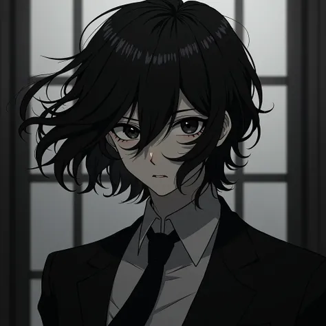 A (((dazai osamu with flowing hair))), his tresses resembling ((black smoke)), artfully tied back in a classic ((black tie)), accompanied by piercingly (((black eyes))) that give off an air of sophistication and mystery, in the anime series Bungo Stray Dog...