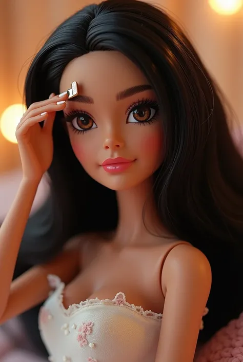 Barbie long black hair and pretty brown eyes making eyebrows in a Spa 