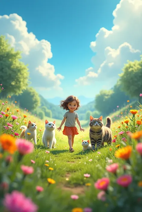 1 Little  girl enters cat paradise, where so many cats look so happy , many flowers of colorful flowers bloom , and clear skies.