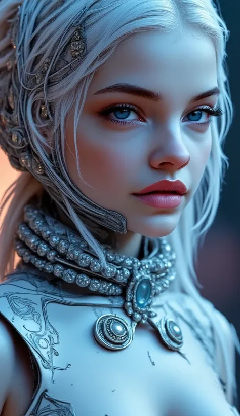 A beautiful cyborg girl in a silver dress, highly detailed portrait, elegant pose, cinematic lighting, photorealistic, 8k, best quality, masterpiece, intricate details, volumetric lighting, hyper realistic skin, detailed facial features, mesmerizing eyes, ...