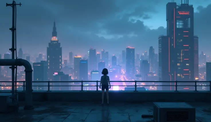 Cloudy night in roof top, anime, neon city
