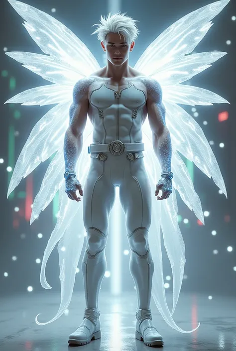 Full body photorealistic handsome hunky young slender futuristic male Fairy hero with white messy hair wearing a white tight fit leather spandex costume with gloves and belt and boots . With big massive glittery sparkling transparent fairy wings. and wrist...