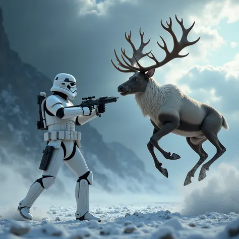 A hyper-realistic ultrarealistic high quality highly detailed scene of a storm tropper vs reindeer flying