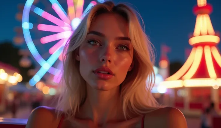 1 Female、European、Super beautiful、Facial beauty、Early 20s、Blonde、 Disneyland on a Summer Night、Ride the Ferris Wheel with Her 、Use a strobe to illuminate her face