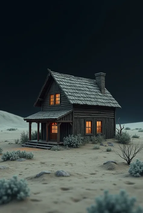 a wooden house, on a gray earthen terrain and black sky 