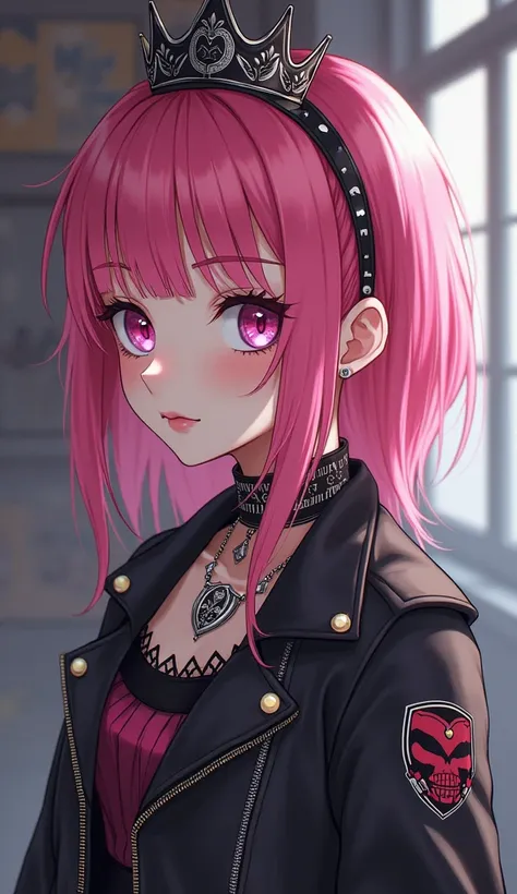 araffe girl  pink hair and a crown on her head, I put on punk clothes,  crust punk attire ,  anime girl cosplay , Cybergoth, Wearing punk clothes,  Kelly Coif as an anime girl,   old anime goth lolita girl ,  Belle Delphine , Anime Cosplay,  pink hair,   a...