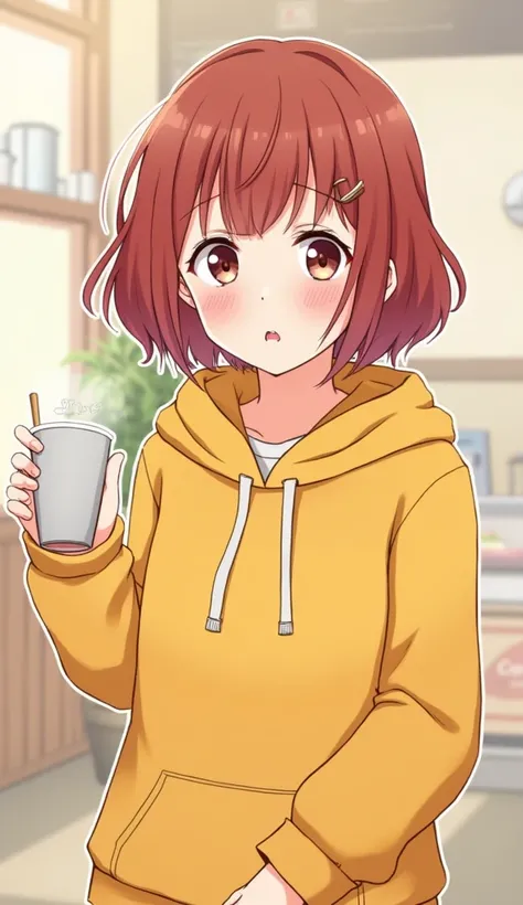  1 girl, solo,  high definition ,  with a little bit of sadness,  shortcuts,  smiles,  open her mouth , Reddish brown hair, mustard colored hoodie, bob hair,３Time Break ,Cafe Time,whole body, Anime Illustration , Character Design,デフォルメ