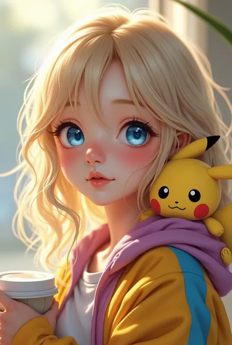 Teenage girl, light skin, with vibrant light blue eyes, and subtle painted designs on her cheeks in shades of purple and blue,  dressed in a bright yellow hooded jacket, reminiscent of a Pikachu hoodie.  The jacket has a cartoonish Pikachu design integrate...