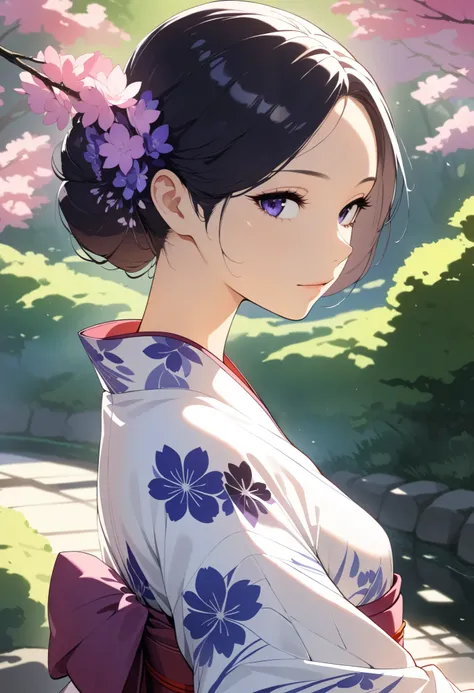 1 Woman , beautiful skin, fine skin, Vibrant Hair, beautiful eyes, beautiful face details , yukata:1.2, thin waist , slender body, Nape:1.6, face close-up shot , 青い花柄のyukata, Japanese garden background, Chiaroscuro, Watercolor, High Quality , hig...