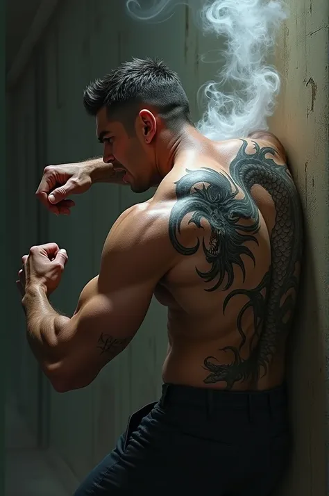 Shirtless mobster with a dragon tattoo on his back that smoke comes out of the tattoo, a black and hellish one, while punching the wall angrily. 
