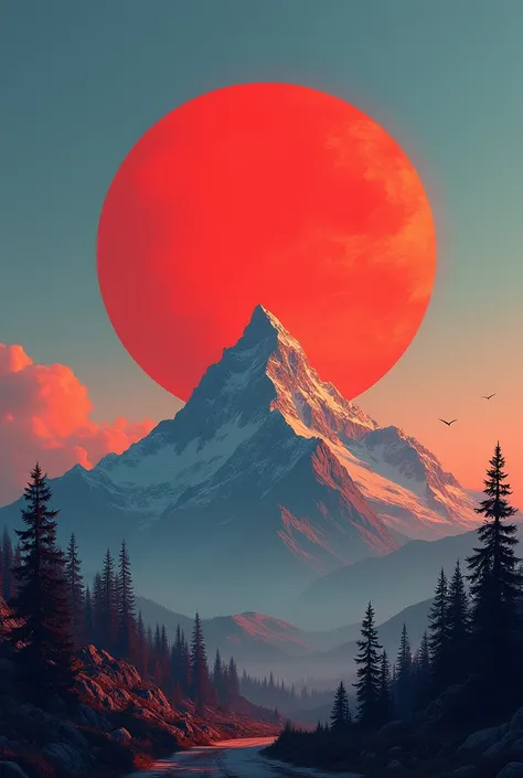 a close up of a logo with a red circle and a mountain in the background, concept art by Jeffrey Smith, pixiv, toyism, tricky, thy, thievery equipment, thertrevkaiser, firey, yukky, ashy, shaky, promo image, the sky, group photo, rounded logo, logo art, sne...