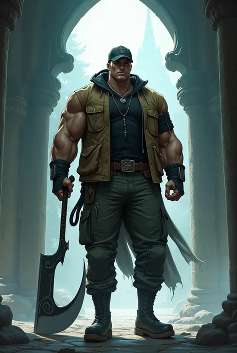 Muscular and quite sturdy man wearing a brown jacket, a cap,  black shirt, cargo pants and military boots with a mystical scythe anime version in an ancient temple 