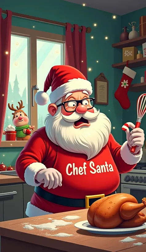 "Create a cartoon-style image of Santa Claus in a chaotic Christmas kitchen with a funny vibe. Santa is wearing a red apron that says ‘Chef Santa,’ holding a burnt turkey in one hand and a candy cane whisk in the other. The kitchen is messy, with flour fly...