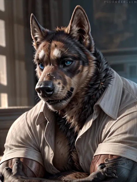 detailed background:1.2),high detail, film photography, RAW candid cinema, brown husky, realistic, analog style, best quality, ultra realistic, 8k, (by taran fiddler), ((black anthro Xolo dog)), (( brown and white skin)), scar on face, ((muscular and hunky...