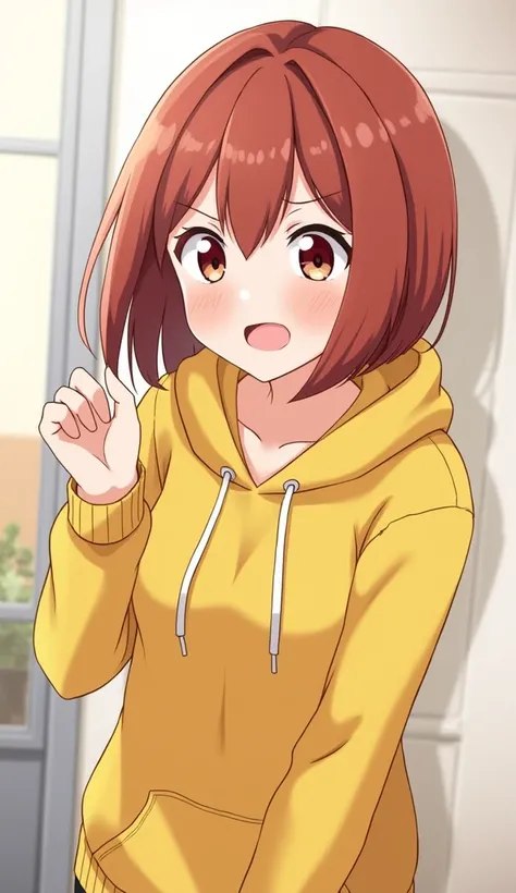  1 girl, solo,  high definition ,  with a little bit of sadness,  shortcuts,  smiles,  open her mouth , Reddish brown hair, mustard colored hoodie, bob hair,３Time Break ,Cafe Time,whole body, Anime Illustration , Character Design,デフォルメ,smile,