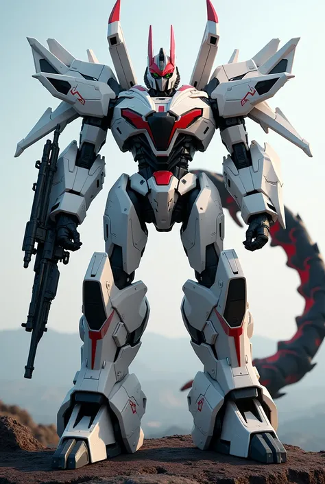 Make a high quality, 8k ultra hd, a transformers robot with a white primary, a black secondary, and red tertiary as their marks, with extra thorns and a black tail akin to a scorpion with red marking