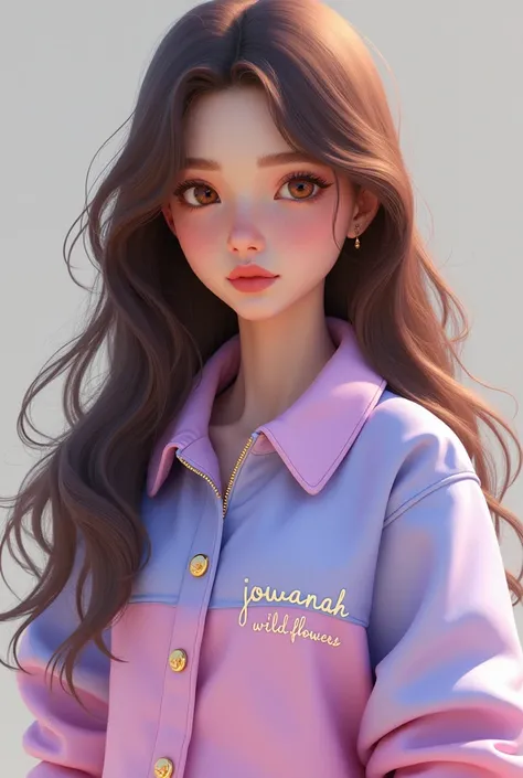 3D A girl with long brown hair and wearing a half light lavander half pastel pink jacket that says “jowanah wildflowers”