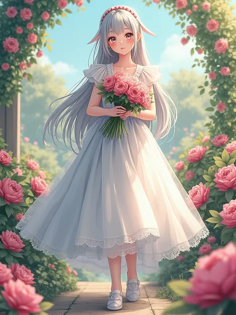 (tmasterpiece、top-quality、illustratio、Extremely high quality、high-level image quality、Extremely sensitive writing)Girl with long silver hair standing in beautiful flowery garden、A slight smile、beast ear，standing on your feet，，She has a large bouquet、Lovely...