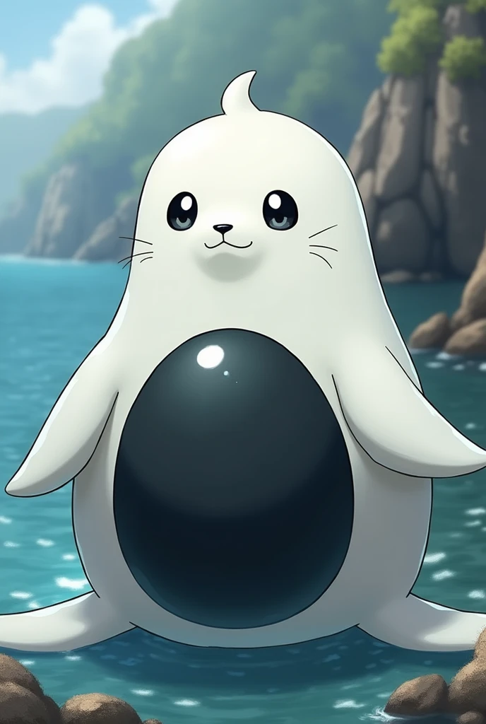 Make a white seal Pokemon with a belly made of black stone