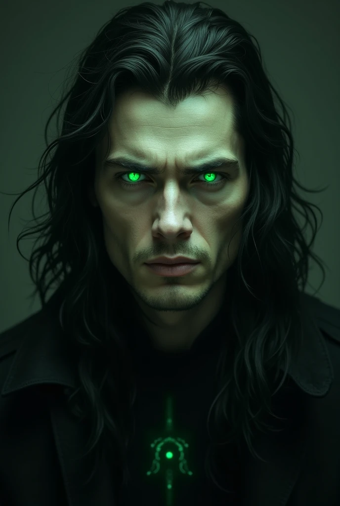 A white-skinned man ,  green eyes and black hair  