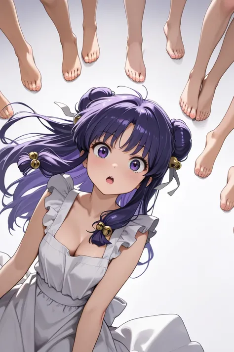 article "Oops ",(Alone:1.3), 1 girl( shampoo ,  anime character  (ranma1/2),cute, sexy,   surprised face ,  Open Mouth , long hair,  is watching viewers, bangs, simple background,  hair accessories , white background,  dress,   purple eyes ,  full body, Pu...