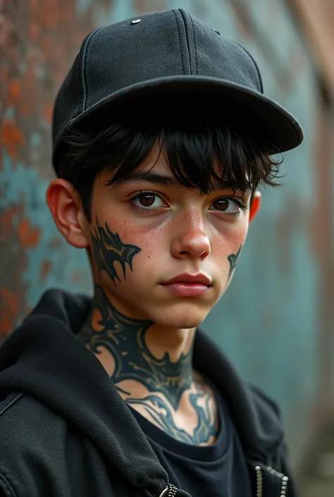  a boy with black hair urban style tattoos, wearing a back cap ,  with a bat tattoo on his neck 