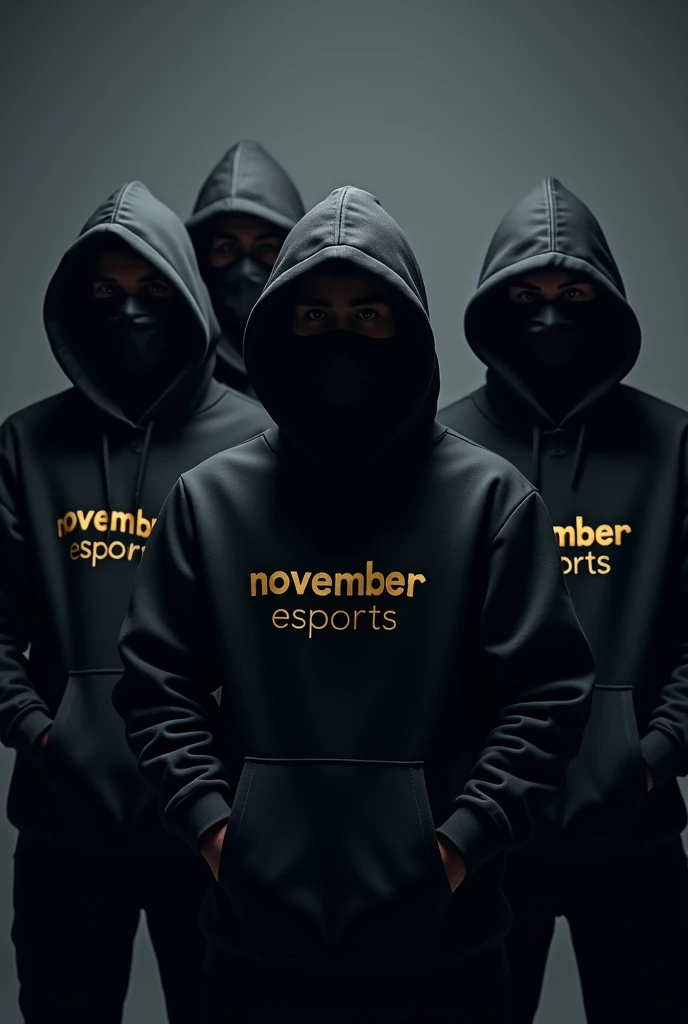 , four young men in black sweatshirts standing, hiding their faces , and on the front of their cyber-aren sweatshirts, theres a gold inscription on the front, надпись NOVEMBER ESPORTS .